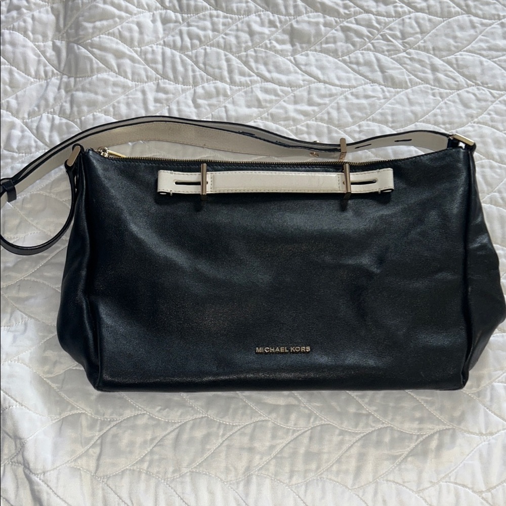 Michael Kors Black Leather Shoulder Bag with Cream Accents